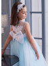 Illusion Neck Blue Lace Tulle Long Flower Girl Dress